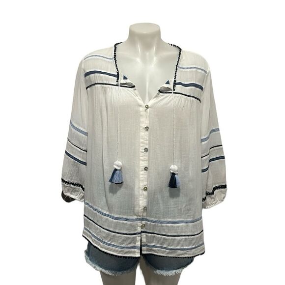 J.Jill cotton white with blue trim button down ocean breeze blouse size large - Picture 1 of 8